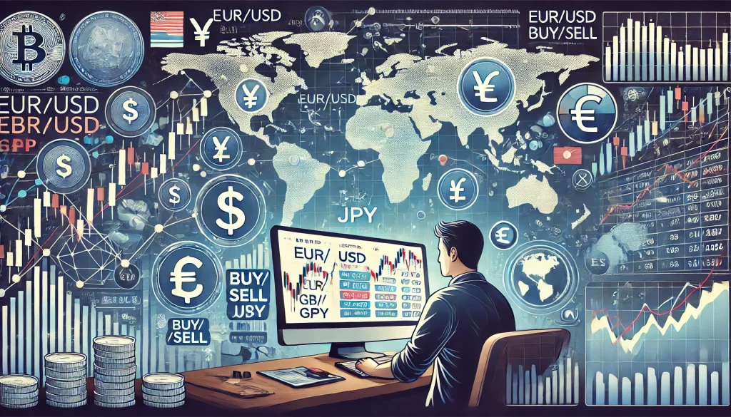 DALL·E 2024 09 09 18.31.38 A detailed horizontal illustration of the forex market depicting various currency pairs such as EUR USD GBP JPY being traded on a digital platform. 10 Bước Hiểu Rõ Forex Là Gì Và Cách Tham Gia Giao Dịch