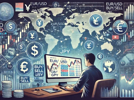 DALL·E 2024 09 09 18.31.38 A detailed horizontal illustration of the forex market depicting various currency pairs such as EUR USD GBP JPY being traded on a digital platform. 10 Bước Hiểu Rõ Forex Là Gì Và Cách Tham Gia Giao Dịch
