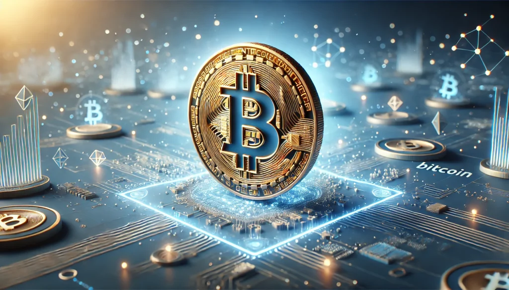 DALL·E 2024 09 09 19.31.41 A 3D illustration of Bitcoin featuring a horizontal layout. The Bitcoin symbol stands prominently in the center with glowing accents. The scene is d 7 Bước Đầu Tư Bitcoin Cho Người Mới: Hướng Dẫn Chi Tiết Từ A Đến Z