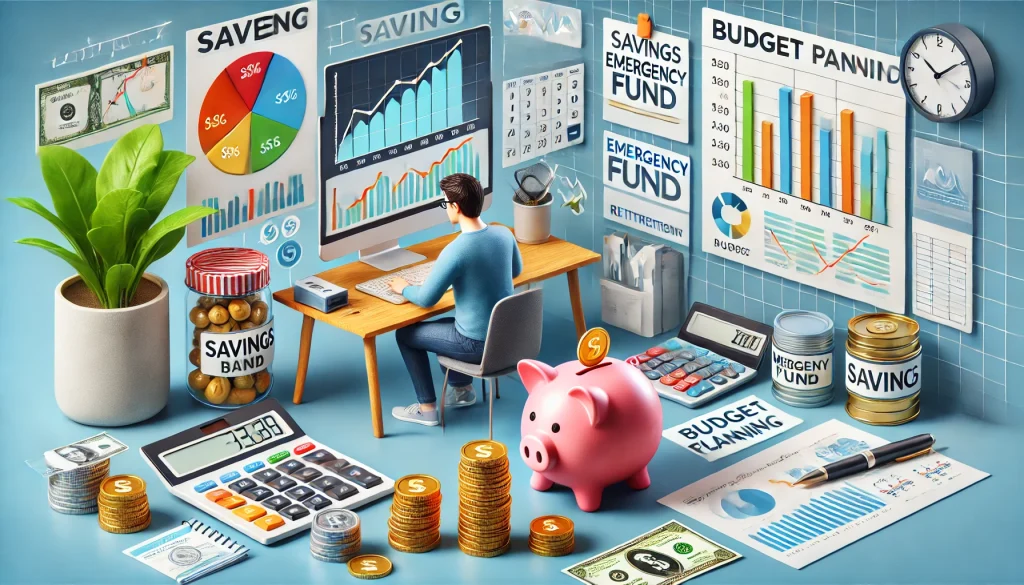 DALL·E 2024 09 09 20.07.40 A detailed 3D illustration of personal finance management and money saving. The scene shows a person sitting at a desk with financial tools such as a 10 Cách Tiết Kiệm Tiền Hiệu Quả Bạn Cần Biết Ngay Hôm Nay