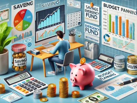 DALL·E 2024 09 09 20.07.40 A detailed 3D illustration of personal finance management and money saving. The scene shows a person sitting at a desk with financial tools such as a 10 Cách Tiết Kiệm Tiền Hiệu Quả Bạn Cần Biết Ngay Hôm Nay