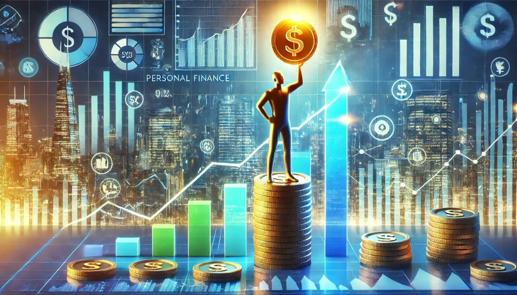 DALL·E 2024 09 09 20.13.13 A 3D illustration of personal finance investment concept. The image features a person standing on a financial growth chart with upward pointing arrows 7 Bước Học Tài Chính Bắt Đầu Từ Số 0