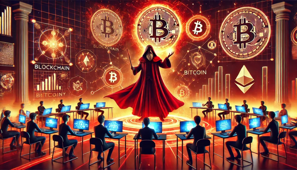 DALL·E 2024 09 13 19.29.06 A horizontal 3D illustration in a style similar to League of Legends featuring a dramatic scene centered around teaching cryptocurrency. The scene sh 20+ Thuật Ngữ Crypto Chuyên Ngành Cho Người Mới Bắt Đầu